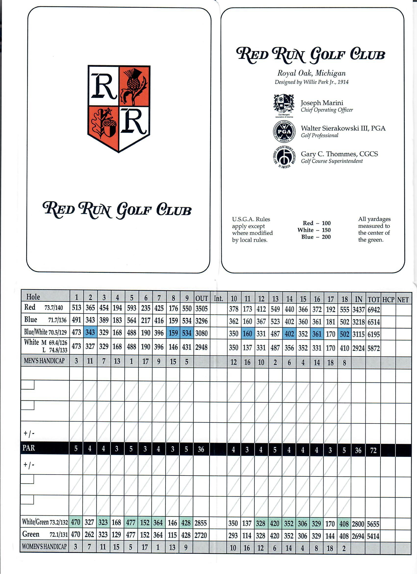 Red Run Golf Club Scorecard