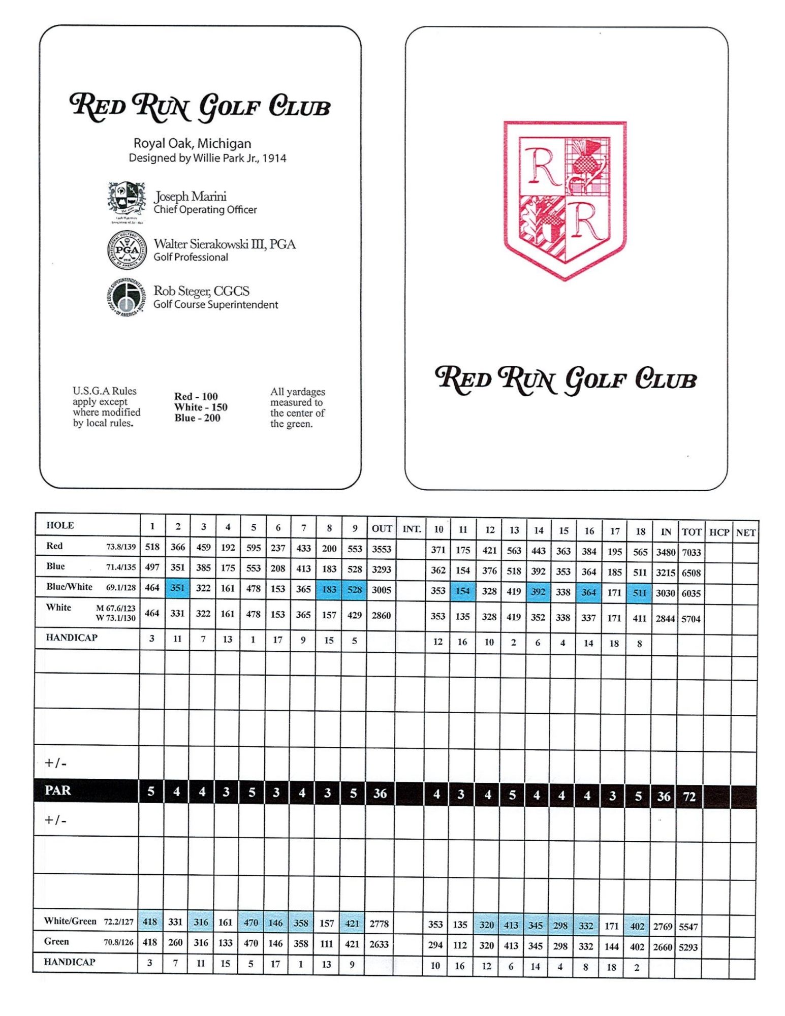 Red Run Golf Club Scorecard